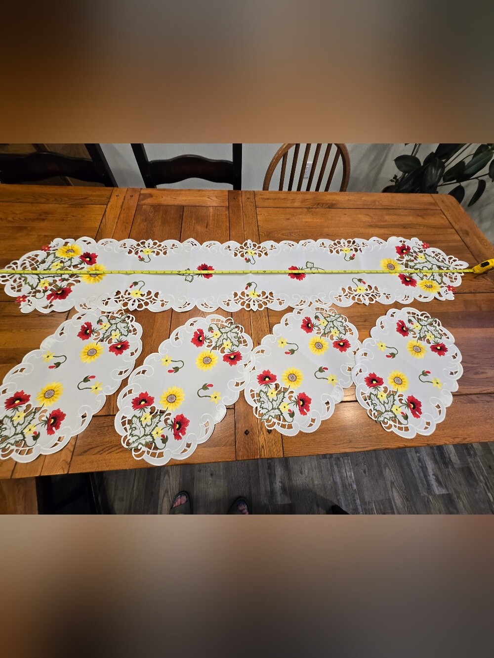 White Floral Cutwork Table Runner 5'7" and Placemats - Red, Yellow Floral Design